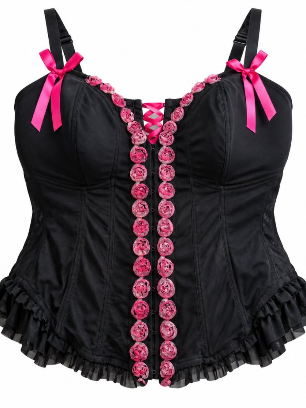 Cacique Black Pink Rosette Lace Up Bustier Cami Plus 22/24 Fairycore Coquette